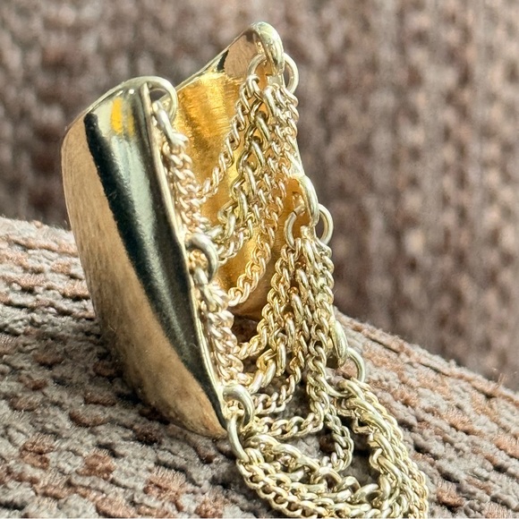 Vintage Jewelry - Cascading Waterfall Tiered Multi-Strand Chain Link Gold Tone Ring Sz 6